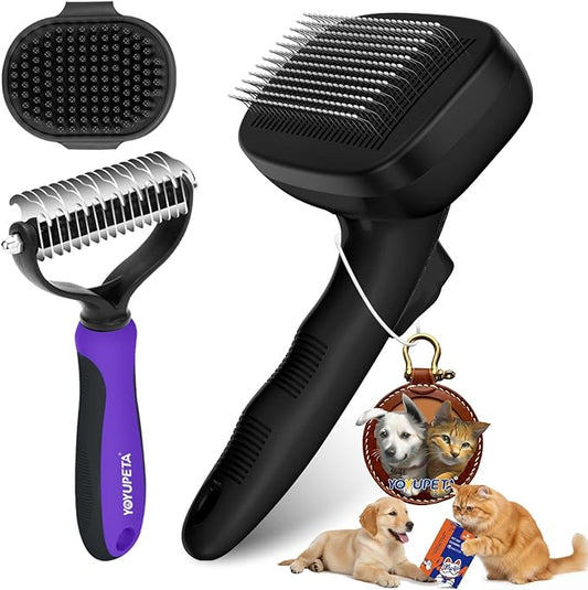 Dog Brush Kit - Self-Cleaning Slicker Brush with Bath Brush & Undercoat Rake | Deshedding Tools for Large - Small Dogs & Cats, Professional 3-in-1 Pet Grooming Set for Heavy Shedding, Black