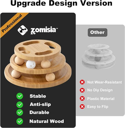 ZOMISIA Cat Ball Track Toy with Puzzle Top and DIY Bell, Wooden Cat Toys for Indoor Cats, Interactive Kitty Ball Tower for Kitten Exercise Mental Physical