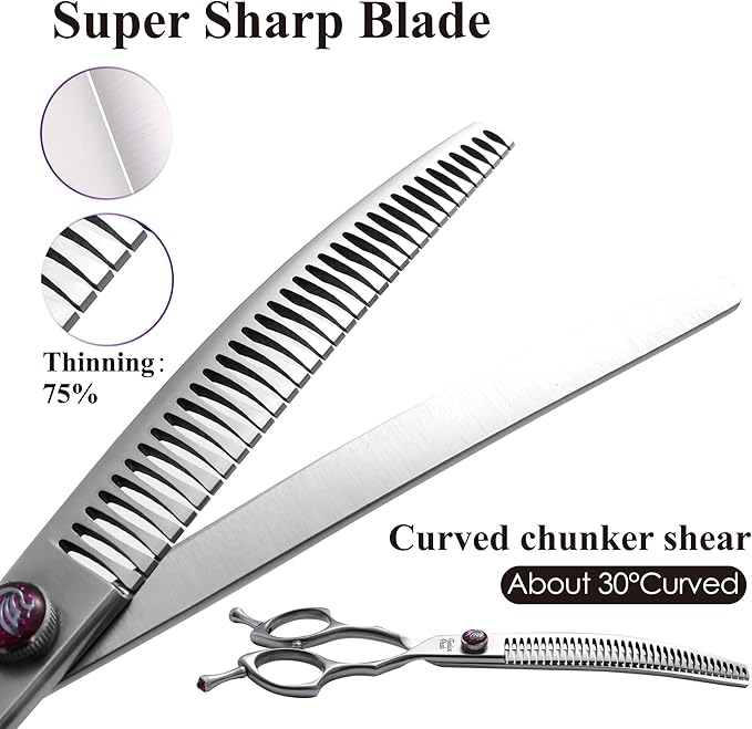 Fenice Peak 7.5‘’ Curved Chunker Dog Grooming Scissors with Purple Flashing Screw Professional 440C Stainless Steel Natural Color Pet Trimming Shears with Offset Handle Durable and Sharp