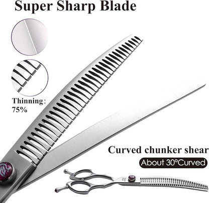 Fenice Peak 7.5‘’ Curved Chunker Dog Grooming Scissors with Purple Flashing Screw Professional 440C Stainless Steel Natural Color Pet Trimming Shears with Offset Handle Durable and Sharp
