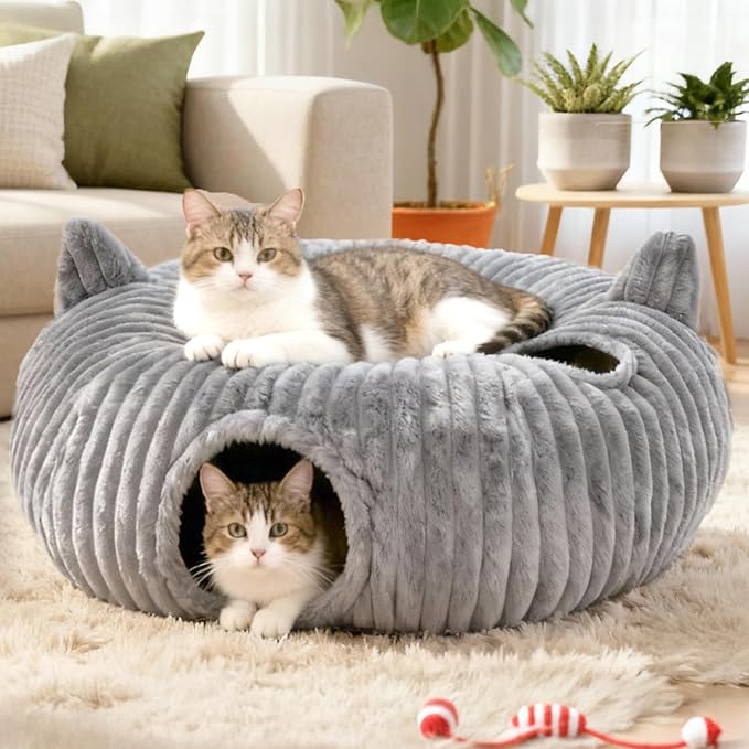 OurWarm Cat Tunnel Bed for Indoor Cats - Round Cat Tunnel Bed with Removable and Washable Circle Cushion, Donut Cats Play Tunnels, Kitten Toys with Ear Sounds for Kitten/Puppy/Rabbit, Grey
