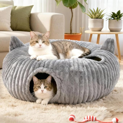 OurWarm Cat Tunnel Bed for Indoor Cats - Round Cat Tunnel Bed with Removable and Washable Circle Cushion, Donut Cats Play Tunnels, Kitten Toys with Ear Sounds for Kitten/Puppy/Rabbit, Grey