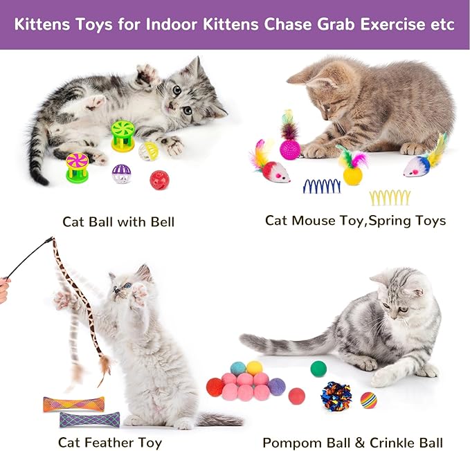 Retro Shaw 33Pcs Cat Toys with Tunnels, Interactive Kitten Toys for Indoor Cats Kitty, Collapsible Cat Tube Tent Feather Wand Teaser Bell Fuzzy Ball Crinkly Springs Mouse - Large Cat Tunnel Toys Set