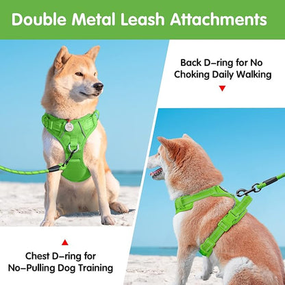 PoyPet No Pull Dog Harness and 5 Feet Leash Set, Release on Neck Reflective Adjustable Pet Vest, Front & Back 2 D-Ring and Soft Padded Pet Harness with Handle for Small to Large Dogs(Green,M)