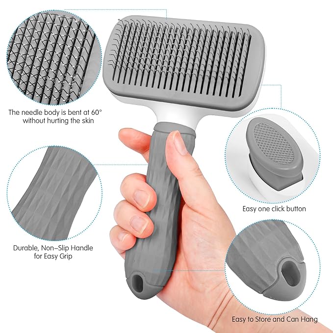 PWOD Dog & Cat Brush, Self Cleaning Slicker Brush for Pets, Upgraded Dog Brush for Shedding Massaging and Grooming, Removes Loose Undercoat & Portable Comb for Long Short Haired Dogs(Gray)