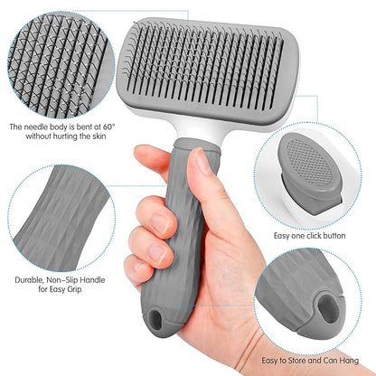 PWOD Dog & Cat Brush, Self Cleaning Slicker Brush for Pets, Upgraded Dog Brush for Shedding Massaging and Grooming, Removes Loose Undercoat & Portable Comb for Long Short Haired Dogs(Gray)