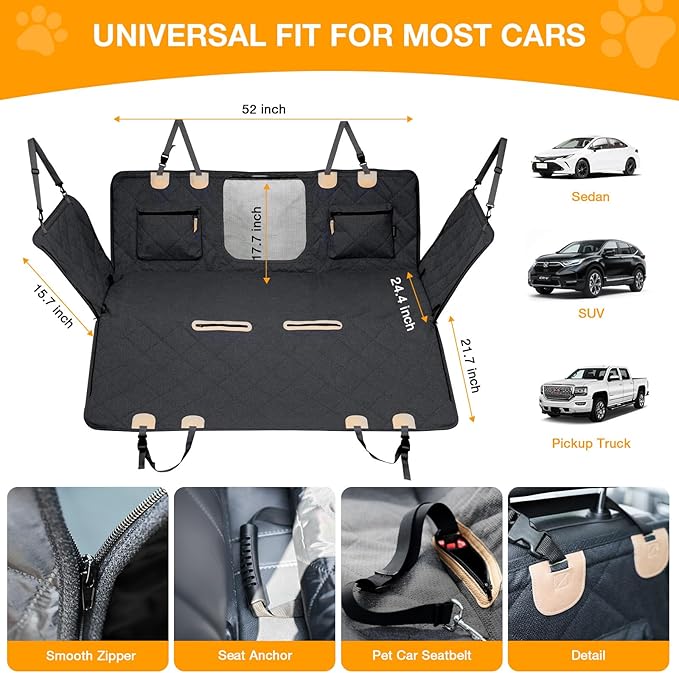 COMPAWNY Dog Car Seat Cover, Hard-Bottom Back Seat Extender for Pets, Waterproof Nonslip Hammock for Car, Backseat Dog Bed for Cars SUVs Trucks, Car Seat Protector, Universal Fit 52 x 25 in, Black