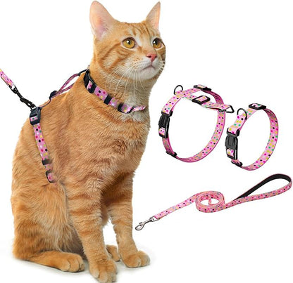Hikiko Cat Harness and Leash Set Escape Proof Adjustable Walking Travel Cute Girl Kitten Harness for Small Medium Large Cats (Pink Polka Dots, M)