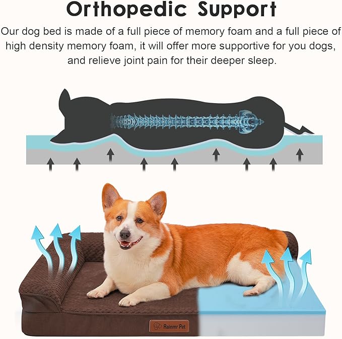 Rainmr Orthopedic Dog Bed Medium Size Dog, Memory Foam Dogs Bed for Medium Dogs, Washable Removable Cover, Nonskid Bottom, Waterproof, for Indoor, Outdoor, Crate ＆ Car Use, 35x23x6 Inches, Brown Grey