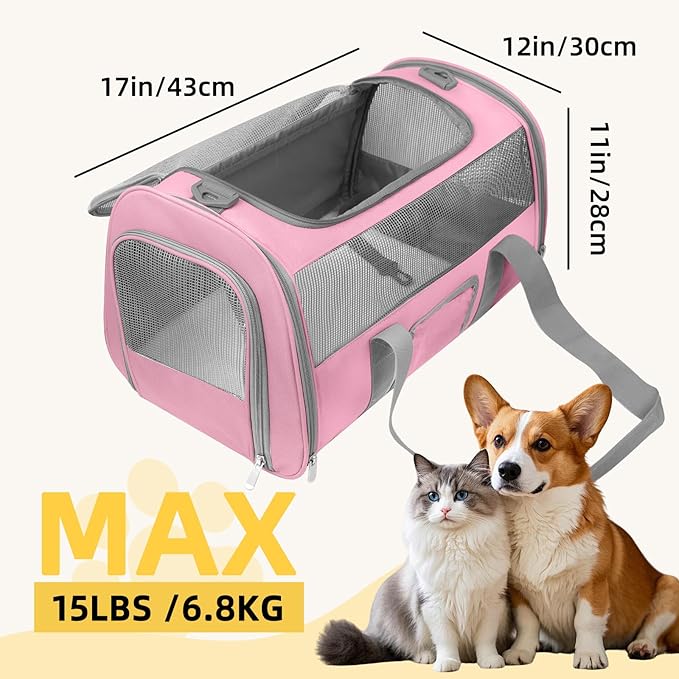 Seclato Soft Side Cat Carrier Airline Approved for Puppy Kitten Dog Carriers for Small Medium Cats Under 15lb, Collapsible TSA Approved Travel Pet Carrier, Pink with Grey