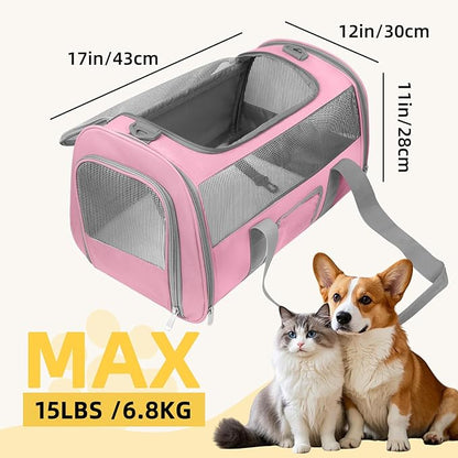 Seclato Soft Side Cat Carrier Airline Approved for Puppy Kitten Dog Carriers for Small Medium Cats Under 15lb, Collapsible TSA Approved Travel Pet Carrier, Pink with Grey