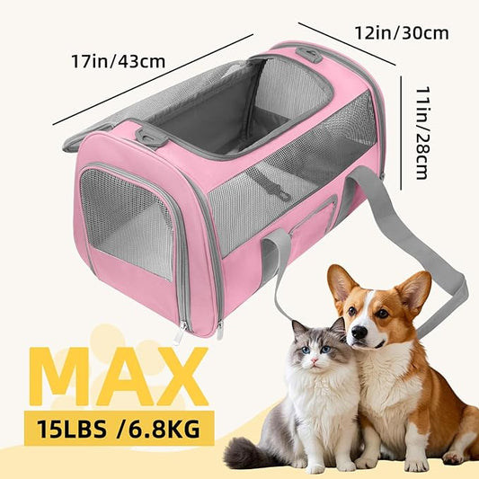 Seclato Soft Side Cat Carrier Airline Approved for Puppy Kitten Dog Carriers for Small Medium Cats Under 15lb, Collapsible TSA Approved Travel Pet Carrier, Pink with Grey