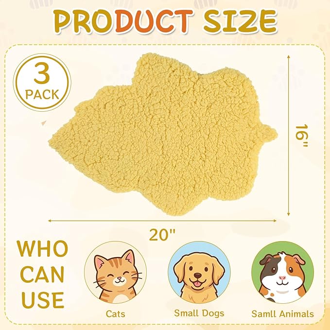 BrightRow 3 Pack Self Warming Pet Bed Leaf Shape Self Heating Cat Dog Mat Washable Thermal Sleeping Pad for Indoor Outdoor Hedgehog, Bunny, Sugar Glider, Rat, Chinchilla(Light Yellow,Small-16 x20)