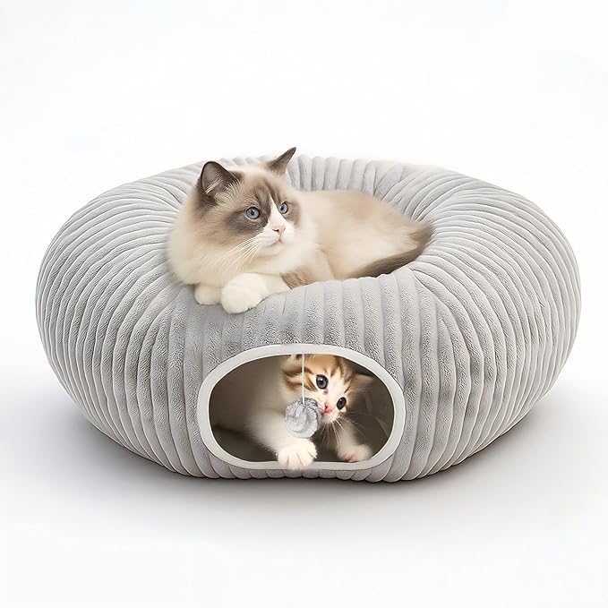 MOYMO Cat Tunnel Bed for Indoor Cats, Peekaboo Cat Cave Bed,Soft Cat Donut Tunnel for Kitten Large Cats, Cat Tunnel Christmas Tree Skirt, Grey
