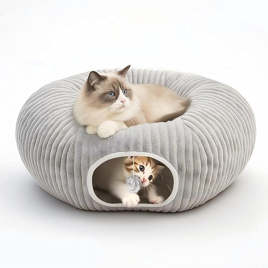 MOYMO Cat Tunnel Bed for Indoor Cats, Peekaboo Cat Cave Bed,Soft Cat Donut Tunnel for Kitten Large Cats, Cat Tunnel Christmas Tree Skirt, Grey