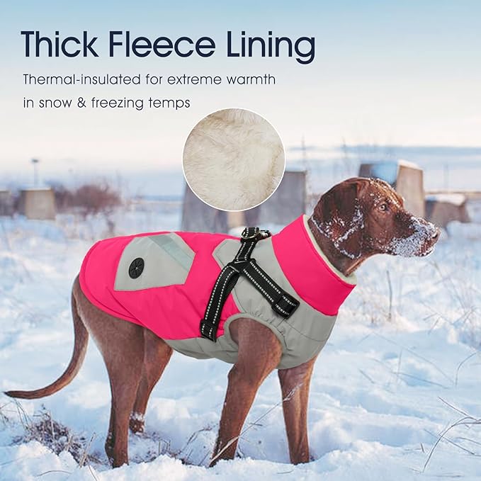 IECOii Dog Winter Coat with Harness Built in, Waterproof Windproof Dog Coats for Large Dogs, Thermal Fleece Lined Cold Weather Jackets with Zip, Outdoor Warm Snow Jacket Reflective, Rosered, XLarge