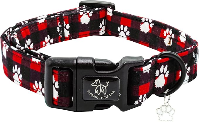 Elegant little tail Christmas Dog Collar, Pet Dog Collar Cotton Soft Red Plaid Winter Dog Collars Holiday with Quick Release Buckle Pet Puppy Collar for X-Small Puppy