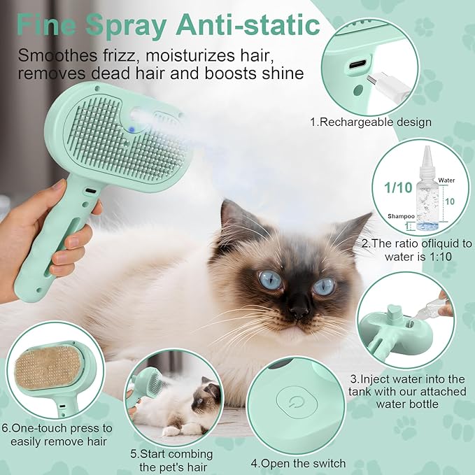Dog Brush Cat Brushes for Shedding,Pet Steam Brush for Dogs Cats Spray Hair Removal Comb Steam Grooming for Long Short Haired Pets,Anti-Static Self Cleaning Grooming Tool Removes Loose Hair,green