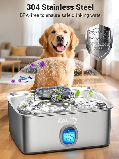 Kastty 4 Gal Dog Water Fountain for Large Dogs,15L Stainless Steel Dog Water Bowl Dispenser Triple Filtration,Ultra Quiet Automatic Pet Water Fountain with Water Level Window and LED Light(FS76)