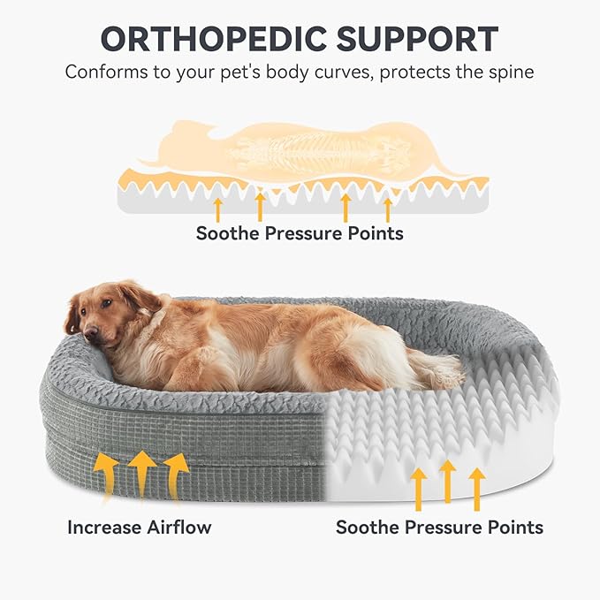 JOEJOY Orthopedic Dog Bed for Medium Dogs, Egg-Crate Memory Foam Pet Bed with Bolster Sides, Waterproof Lining, Removable Washable Cover & Non-Slip Bottom, Light Grey