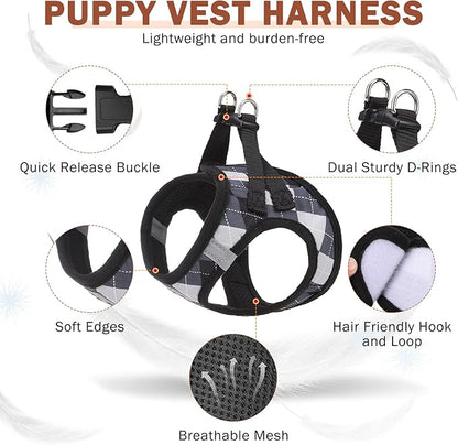 SCENEREAL Small Dog Harness and Leash Collar Set, Step in No Pull Soft Mesh Dog Harnesses for Small Medium Sized Dogs Puppy and Cats Outdoor Walking, No Chock Reflective Vest Harness, Black Plaid XS
