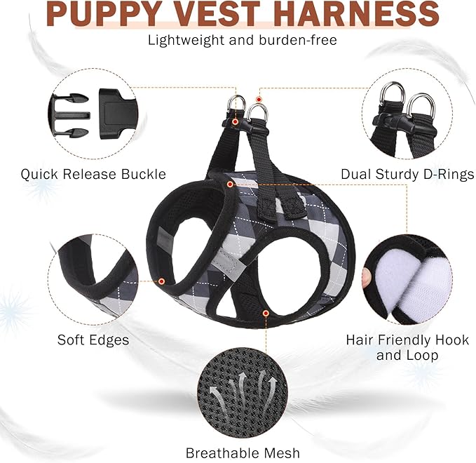 SCENEREAL Small Dog Harness and Leash Collar Set, Step in No Pull Soft Mesh Dog Harnesses for Small Medium Sized Dogs Puppy and Cats Outdoor Walking, No Chock Reflective Vest Harness, Black Plaid S
