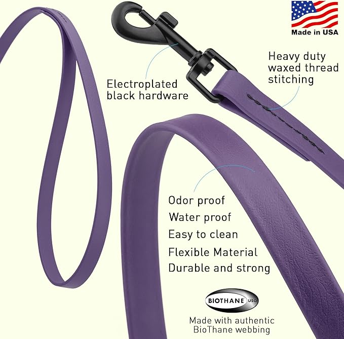 Dogline Biothane Waterproof Dog Leash Strong Coated Nylon Webbing with Black Hardware Odor-Proof Easy to Clean High Performance for Small or Large Dogs Made in USA 4 or 6 ft Lead, Violet Purple