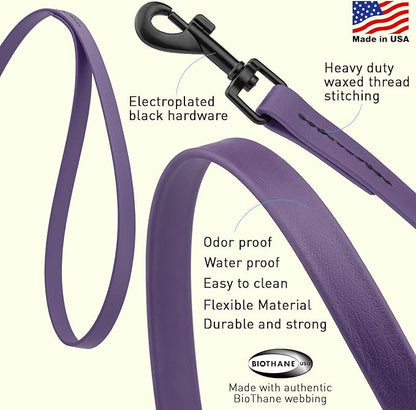 Dogline Biothane Waterproof Dog Leash Strong Coated Nylon Webbing with Black Hardware Odor-Proof Easy to Clean High Performance for Small or Large Dogs Made in USA 4 or 6 ft Lead, Violet Purple