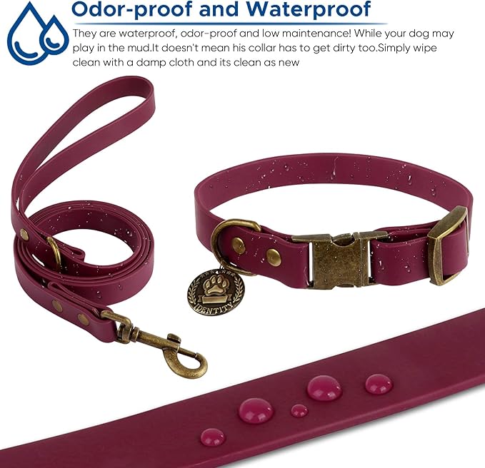 Wisedog Dog Collar and Leash Set, Waterproof Adjustable Puppy Collars with Cute Tag 6FT Dog Leash with Poop Bag for Small Medium Large Dogs (XL, Burgundy)