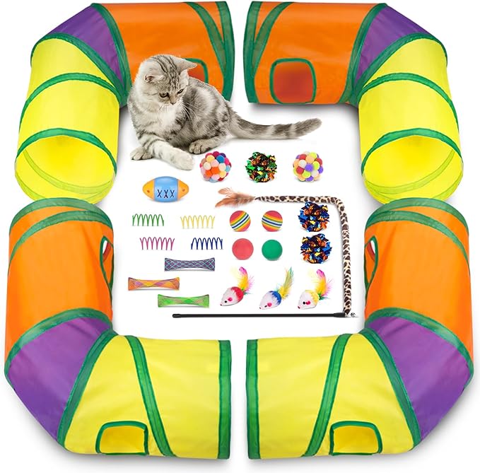 Retro Shaw 25Pcs Cat Toys with Kitten Tunnels, Interactive Kitty Toys for Indoor Cats, Large Cat Tube Tent Feather Wand Teaser Balls Bell Fuzzy Springs Mouse Crincly - Extra Longer Cats Tunnel Set
