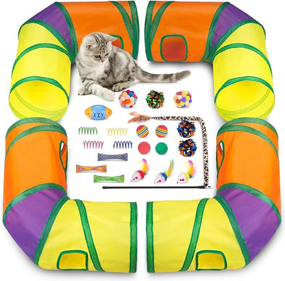 Retro Shaw 25Pcs Cat Toys with Kitten Tunnels, Interactive Kitty Toys for Indoor Cats, Large Cat Tube Tent Feather Wand Teaser Balls Bell Fuzzy Springs Mouse Crincly - Extra Longer Cats Tunnel Set