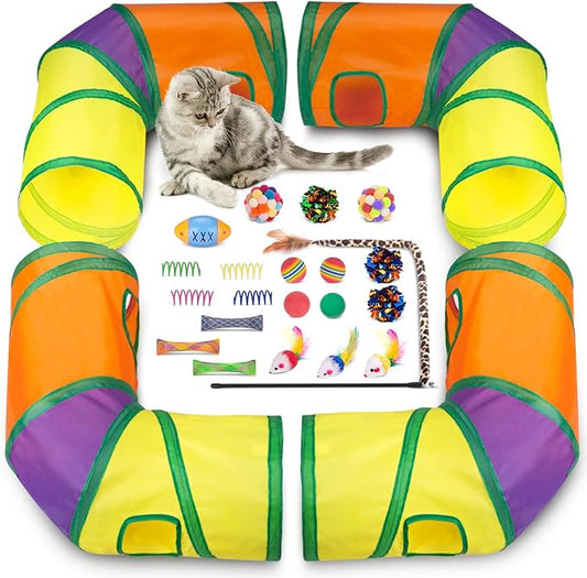 Retro Shaw 25Pcs Cat Toys with Kitten Tunnels, Interactive Kitty Toys for Indoor Cats, Large Cat Tube Tent Feather Wand Teaser Balls Bell Fuzzy Springs Mouse Crincly - Extra Longer Cats Tunnel Set