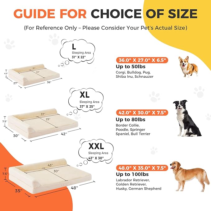 Dog Bed Large Sized Dogs, XXL Orthopedic Dog Bed for Large Dogs, Waterproof Pet Bed with Washable Removable Cover, L-Shaped Pet Couch with Portable Handle 48"x35"x7.5", Beige