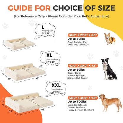 Dog Bed Large Sized Dogs, XXL Orthopedic Dog Bed for Large Dogs, Waterproof Pet Bed with Washable Removable Cover, L-Shaped Pet Couch with Portable Handle 48"x35"x7.5", Beige