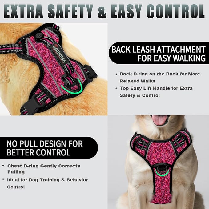 BARKBAY No Pull Dog Harness Large Reflective Dog Harness with Front Clip and Easy Control Handle for Walking Training Running with ID tag Pocket(Pink/Black,XL)