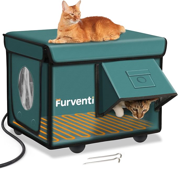 Heated Cat House for Outside with Dual Doors, Insulated Cat House Outdoor with Heating Pad, Weatherproof Heated Outdoor Cats Houses Waterrproof for Feral Cats (Deep Green, 17" L x 12" W x 13" H)