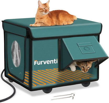 Heated Cat House for Outside with Dual Doors, Insulated Cat House Outdoor with Heating Pad, Weatherproof Heated Outdoor Cats Houses Waterrproof for Feral Cats (Deep Green, 17" L x 12" W x 13" H)
