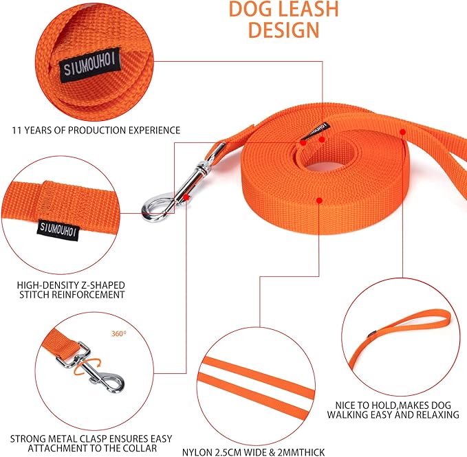 Siumouhoi Strong Durable 15ft Nylon Dog Training Leash, 1 Inch Wide Traction Rope, for Small and Medium Dog (Orange, 15 Feet)