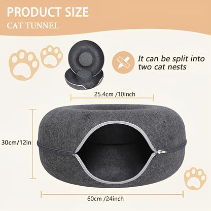 ZVGV 24inch-Tunnel Bed for Indoor,cattasaurus Peekaboo cat cave for Multiple,Detachable Felt Felt Washable Interior for Indoor Cats,Donut Tunnel (Dark Grey)
