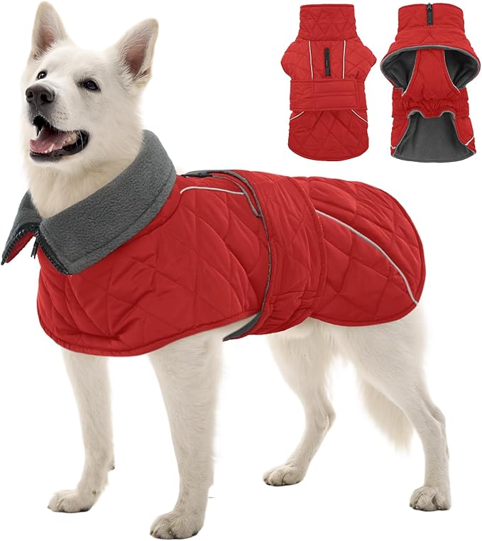 Kuoser Dog Coat, Super-Warm Dog Jacket Windproof Pet Cold Weather Coats for Extra Large Dogs, Fleece Lining Quilted Turtleneck Puppy Snowsuit Reflective Adjustable Doggie Winter Clothes, Red, 2XL