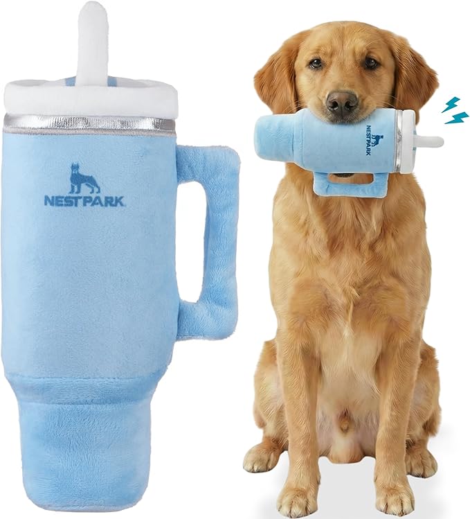 Nestpark Tumbler Cup Funny Dog Toy - Parody Plush Squeaky Crinkle Dog Toy (Chambray Blue)