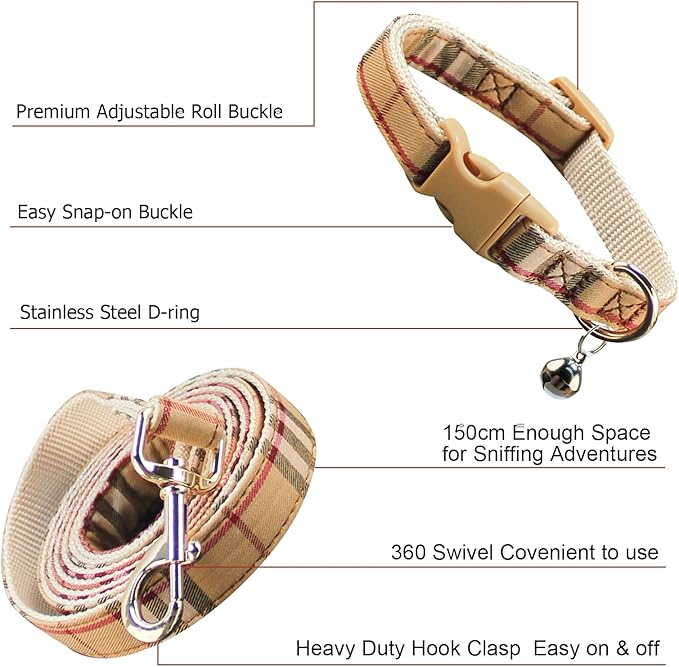 NISIYE Cute Plaid Dog Collar Harness and Leash with Safety Buckle - Adjustable and No Pull Comfortable Dog Collars for Small Puppy, Stylish Durable Gift for Boy Girl Pets