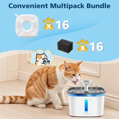 32 Pack Pet Fountain Filters for Veken 95oz/2.8L, 67oz, 85oz, 135oz Dog & Cat Water Fountains, Includes 16 Pcs Filter Replacements & 16 Pcs Pre-Filter Sponges