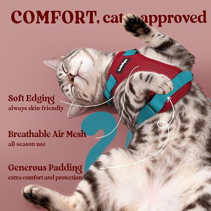 rabbitgoo Cat Harness and Leash for Walking, Escape Proof Soft Adjustable Vest Harnesses for Cats, Easy Control Breathable Reflective Strips Jacket, Red & Teal, M
