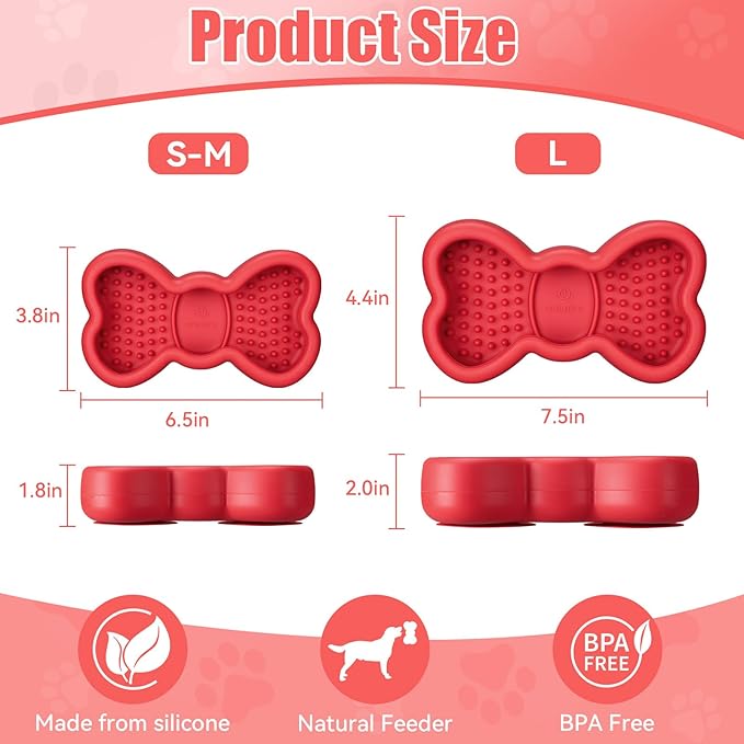 Lick Mat for Dogs, Animire Anti-Spilled Bow Tie Lick Bowls for Anxiety Relief, Silicone Slow Feeder Licking Pad with Suction Cups, Freezeable Dog Enrichment Toy for Boredom and Distraction(Red,S)