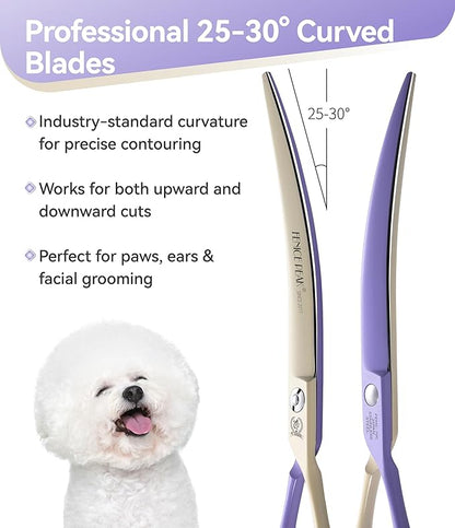 Fenice Peak Curved Dog Grooming Scissors with Coating 440C Stainless Steel, 7 inch Professional Curved Shears Dog Grooming，25 Degree of Curved Blade，Pet Shear for Trimming Face and Paw, Violet & White