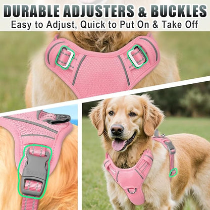 BARKBAY No Pull Dog Harness Large Reflective Dog Harness with Front Clip and Easy Control Handle for Walking Training Running with ID tag Pocket(Baby Pink,XL)
