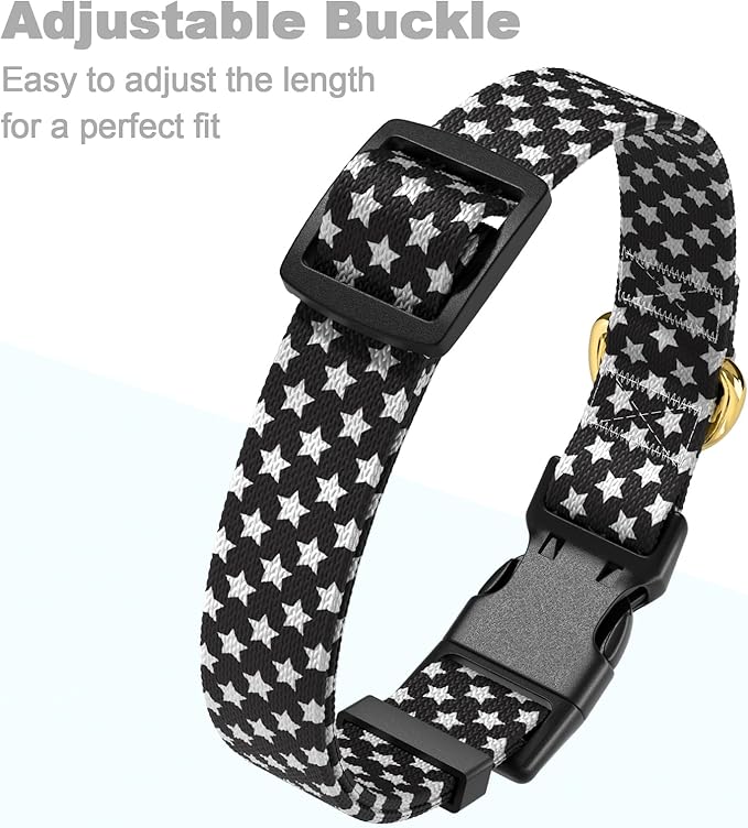 Rnivvi Dog Collar for Medium Dogs, Cute Heavy Duty Adjustable Puppy Collar with Quick Release Buckle for Boy Girl & Female, Pet Accessories for Walking Running, M Length 1" Width, Black Star