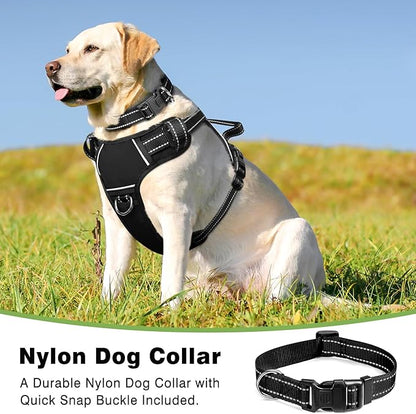 WINSEE Dog Harness No Pull, Pet Harnesses with Dog Collar, Adjustable Reflective Oxford Outdoor Vest, Front/Back Leash Clips for Small, Medium, Large, Extra Large Dogs, Easy Control Handle for Walking