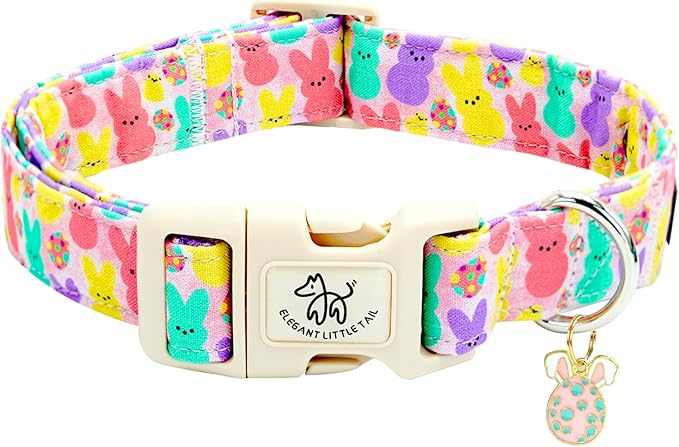 Elegant little tail Easter Dog Collar,Bunny Pattern Pet Collar Pink Durable Holiday Female or Male Adjustable Cotton Pet Collar with Quick Release Buckle for X-Small Puppy